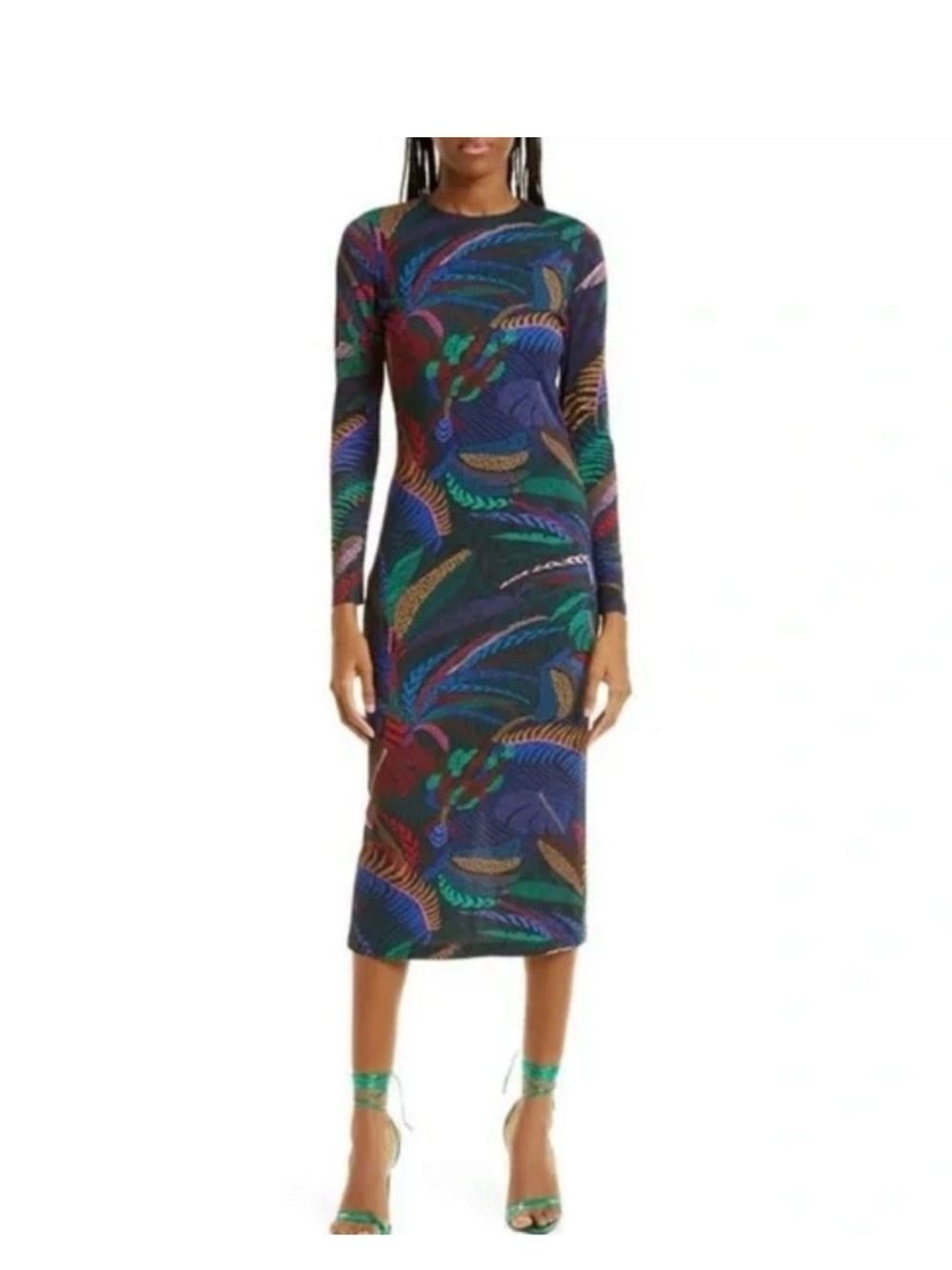 FARM Rio Amazonia Night Rainforest Long Sleeve Bodycon Dress Sz L